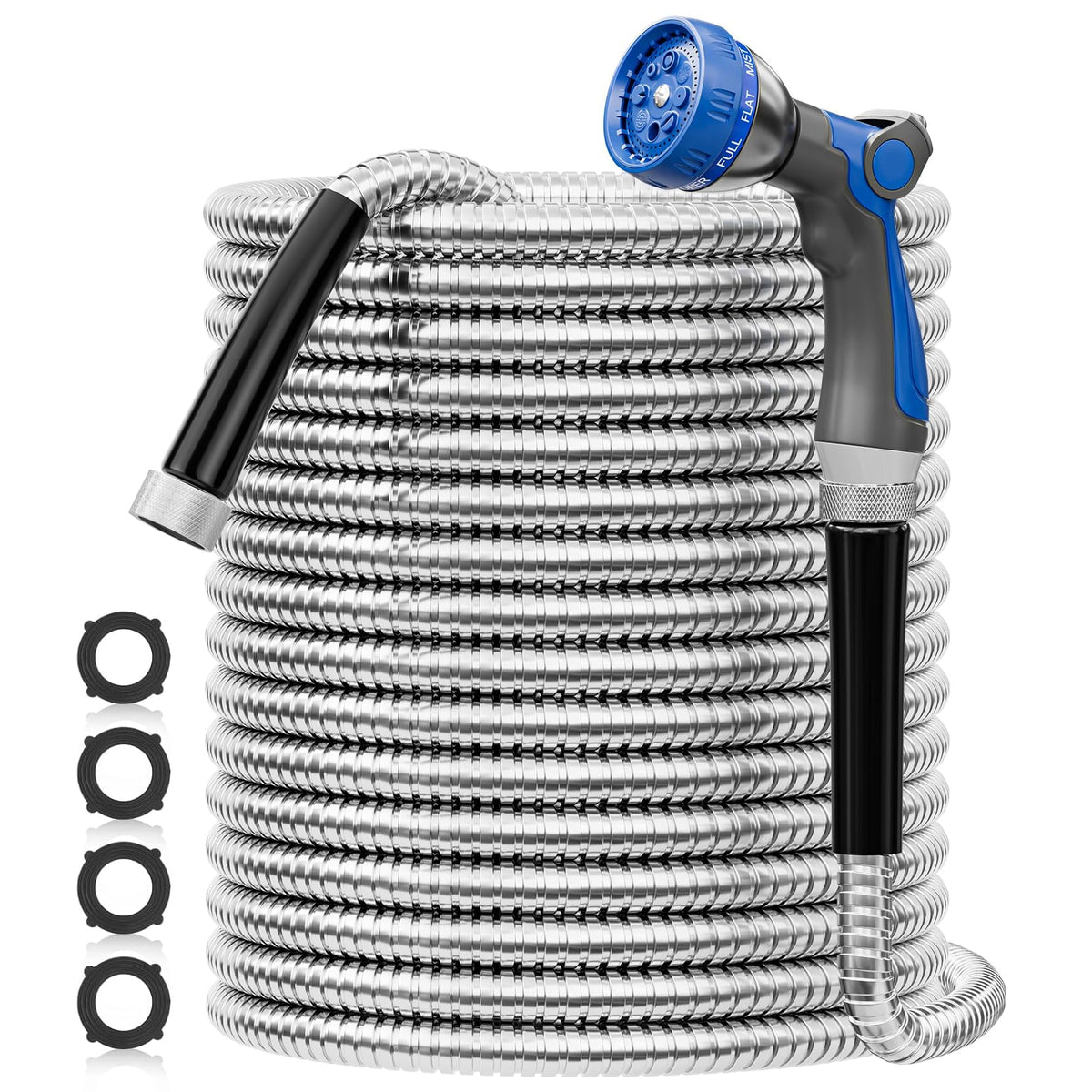 5 8" 304 Stainless Steel Metal Garden Hose 125FT with Blue Nozzle (5/8" ID x 125 FT / Sliver)