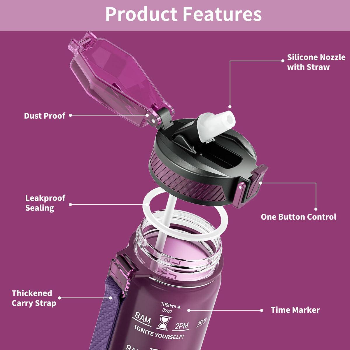 Water Bottle with Straw (Rose Red / 32 Ounces)
