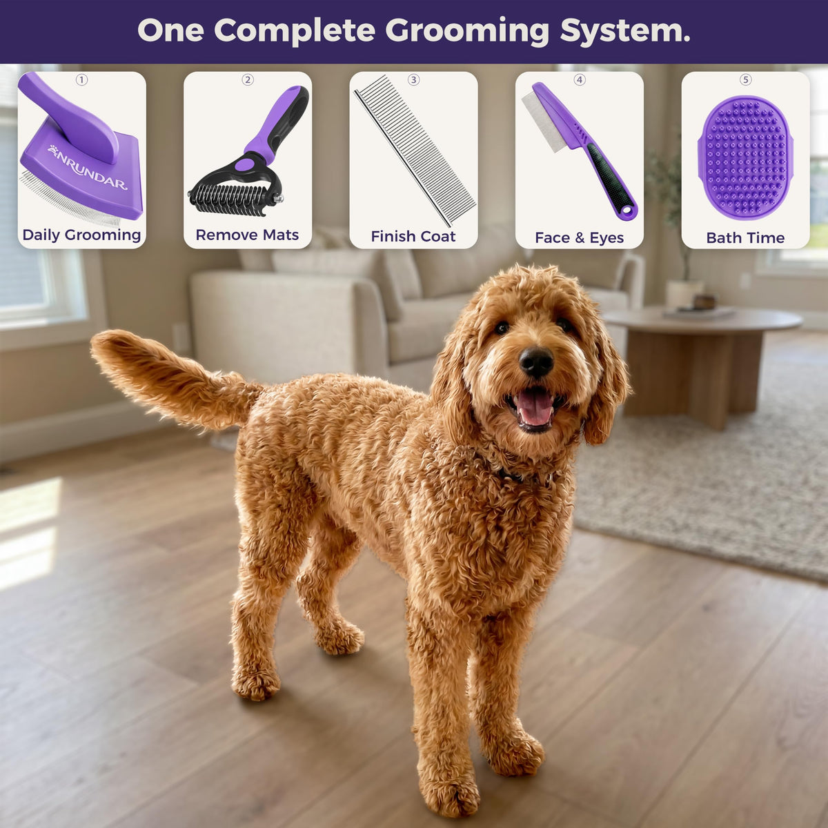 5PCS Dog Grooming Kit with Long Pin Slicker Brush for Dogs (Violet / Large)
