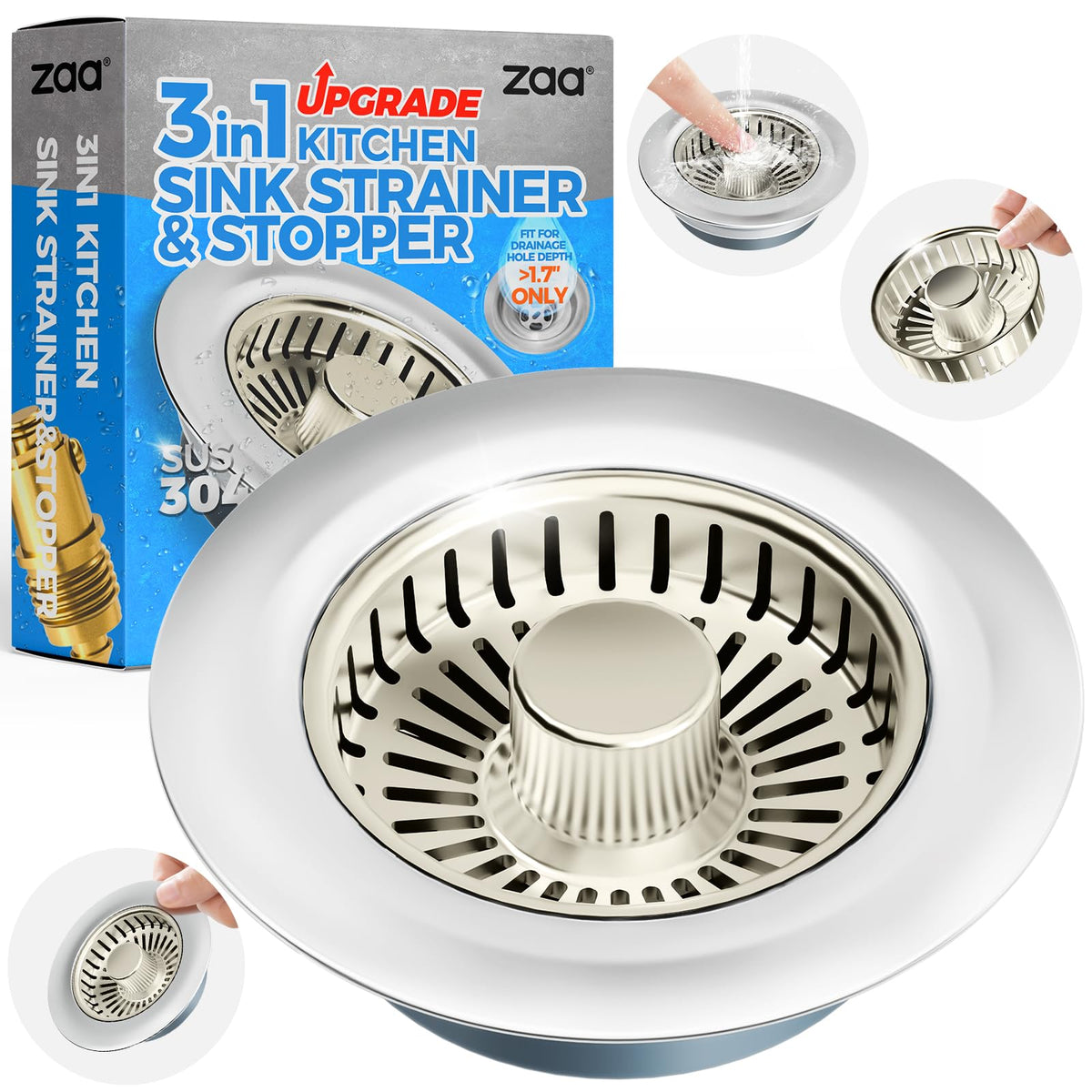 3 in 1 Kitchen Sink Drain Strainer Stopper Removable Basket Pop (Nickel)