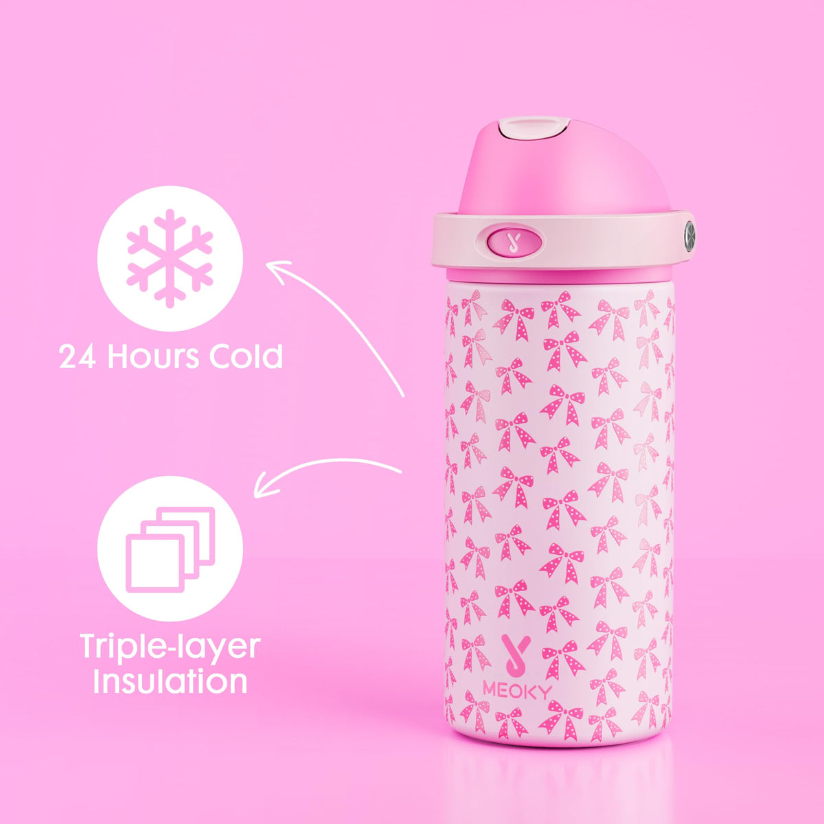 2 Pack 18 oz Insulated Stainless Steel Water Bottles for Kids Girls (Pink Bows & Rainbow Blooms / 18 oz (Pack of 2))