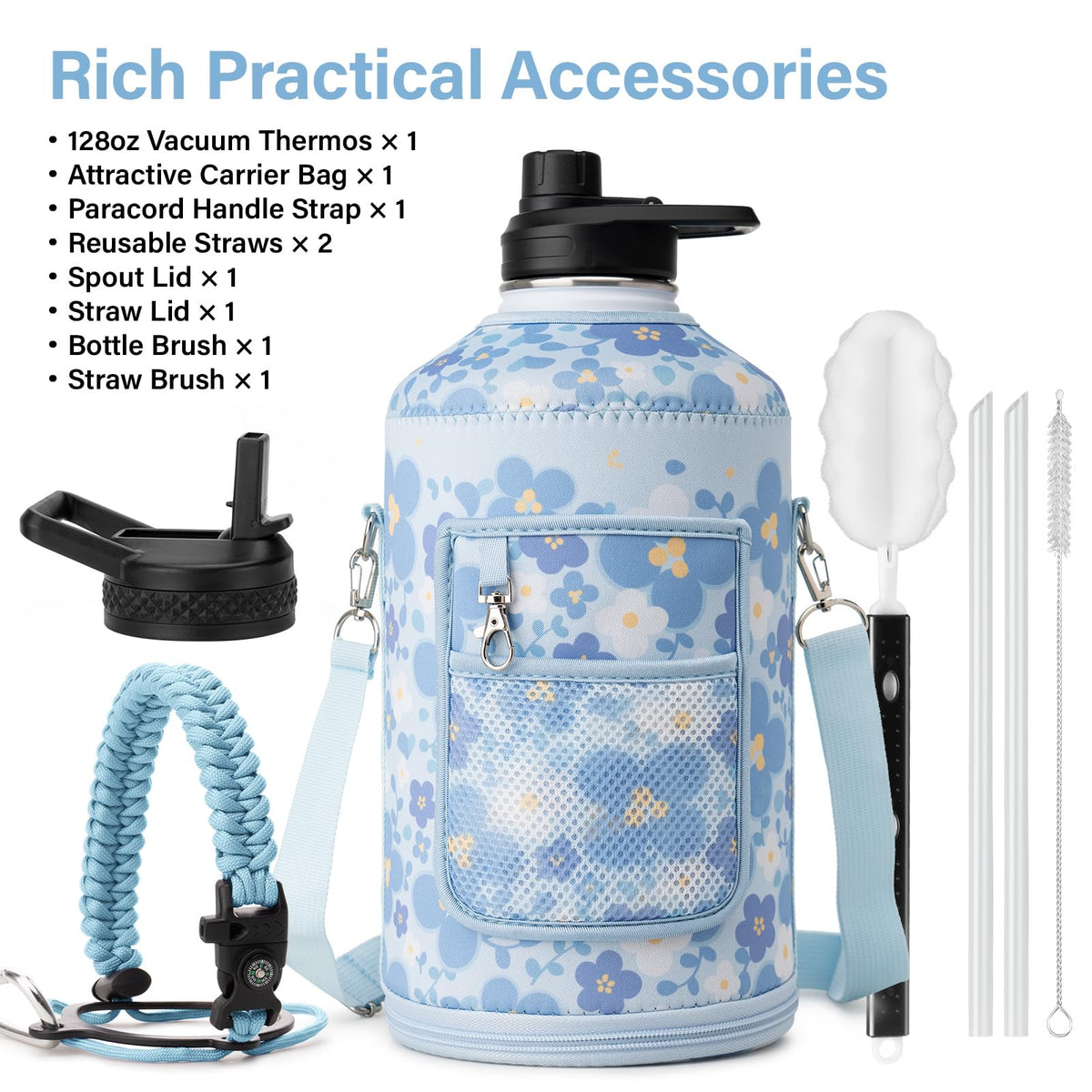 Water Bottle Christmas Gift (Blue Flower / 128 Ounces)