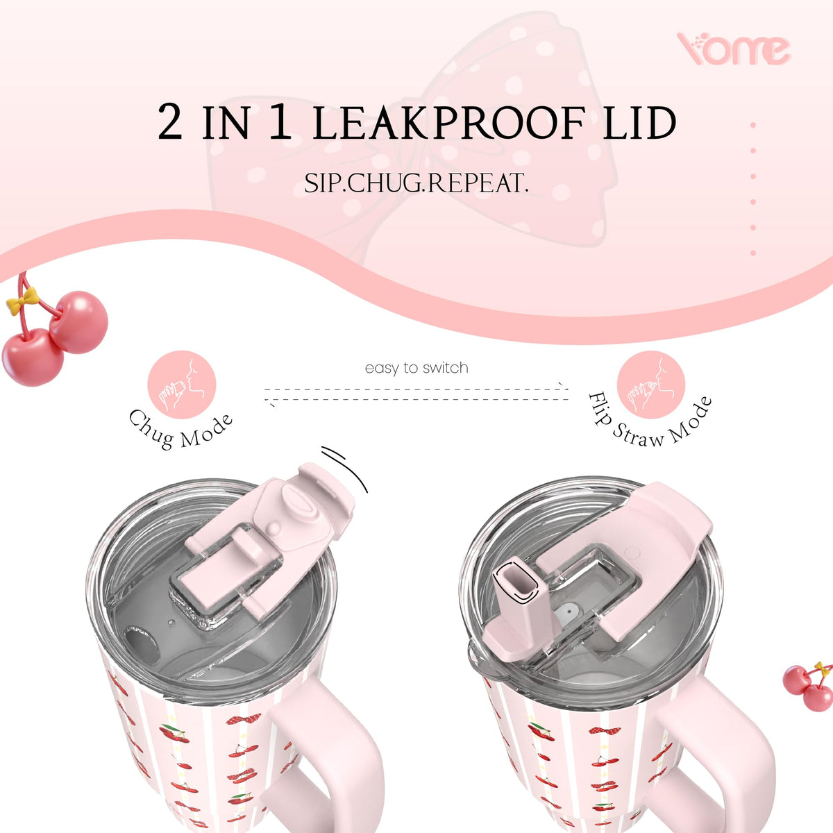40oz Stripe Cherry Tumbler with Handle and Flip Straw (Stripe Cherry Pink)