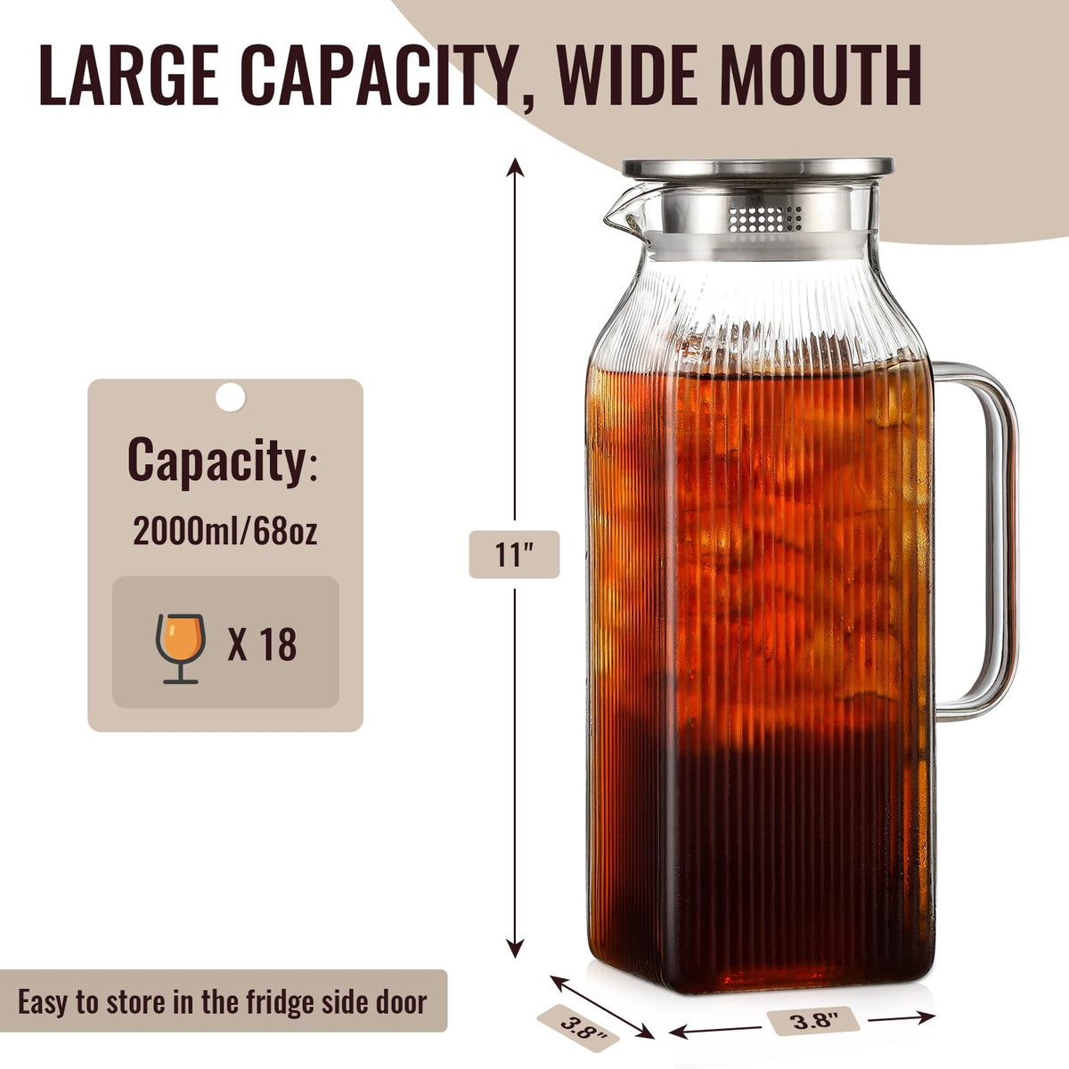 2 Liter 68 oz Square Glass Pitcher with Lid (Silver)
