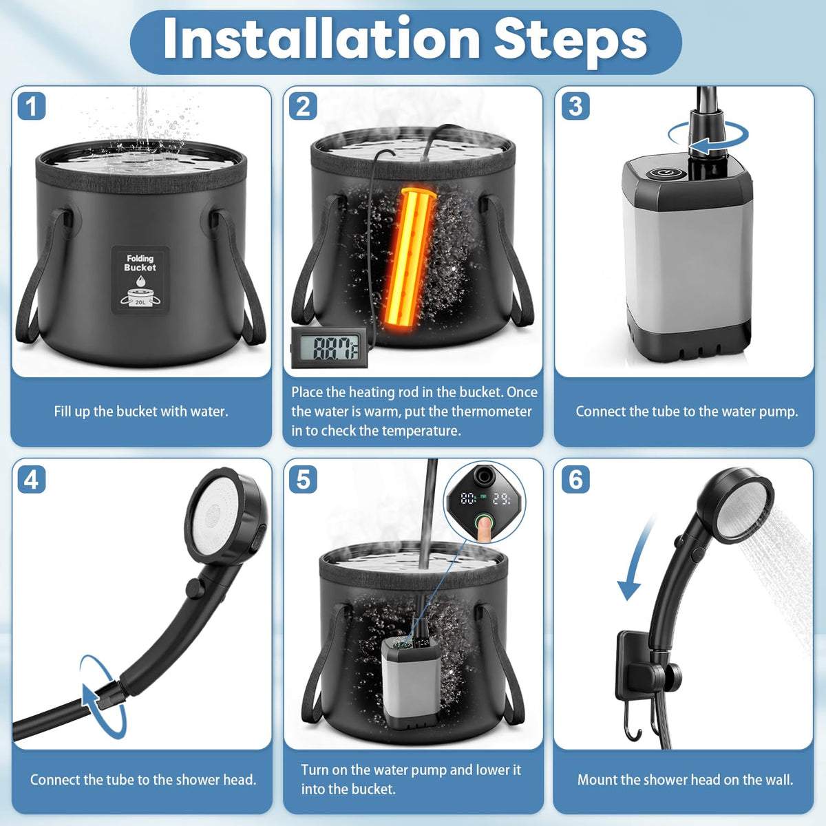Portable Shower with Heater 1500W Camping Water Heater with Shower Head 3 Spray Modes (Black)