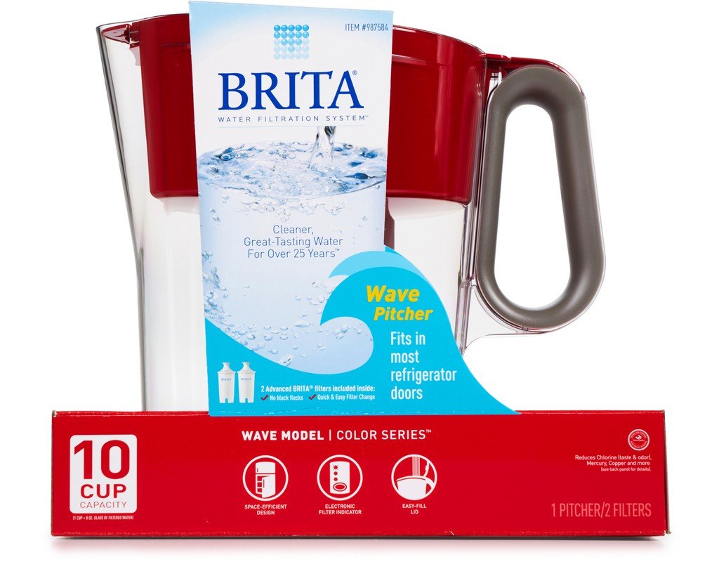 Wave 10 Cup Water Pitcher Plus 2 Advance Filters (Red/Clear)