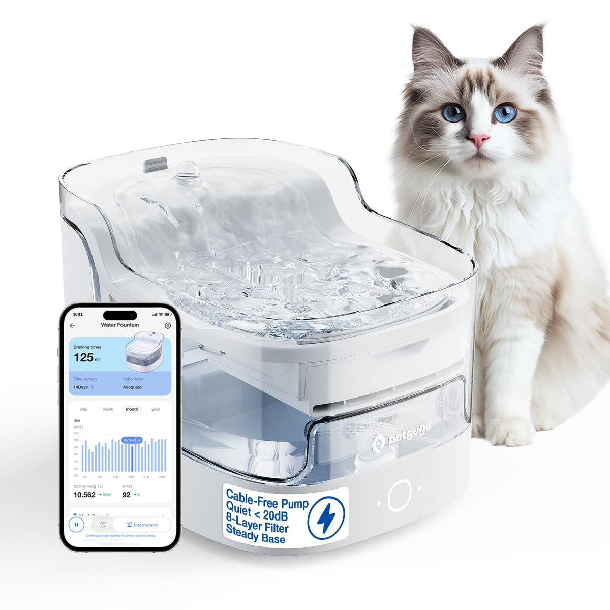 2L 68oz Cat Water Fountain Cordless Pump Pet Fountain for Small Dog (White)