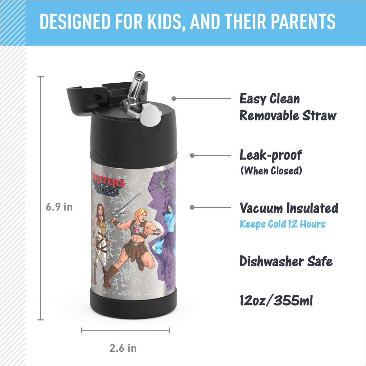 FUNTAINER Water Bottle with Straw (Masters of the Universe / 12 Ounces)