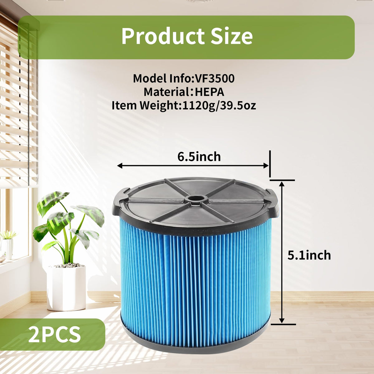2 Pack Wet Dry Vac Filter VF3500 3 Layer Fine Filter (2VF3500)