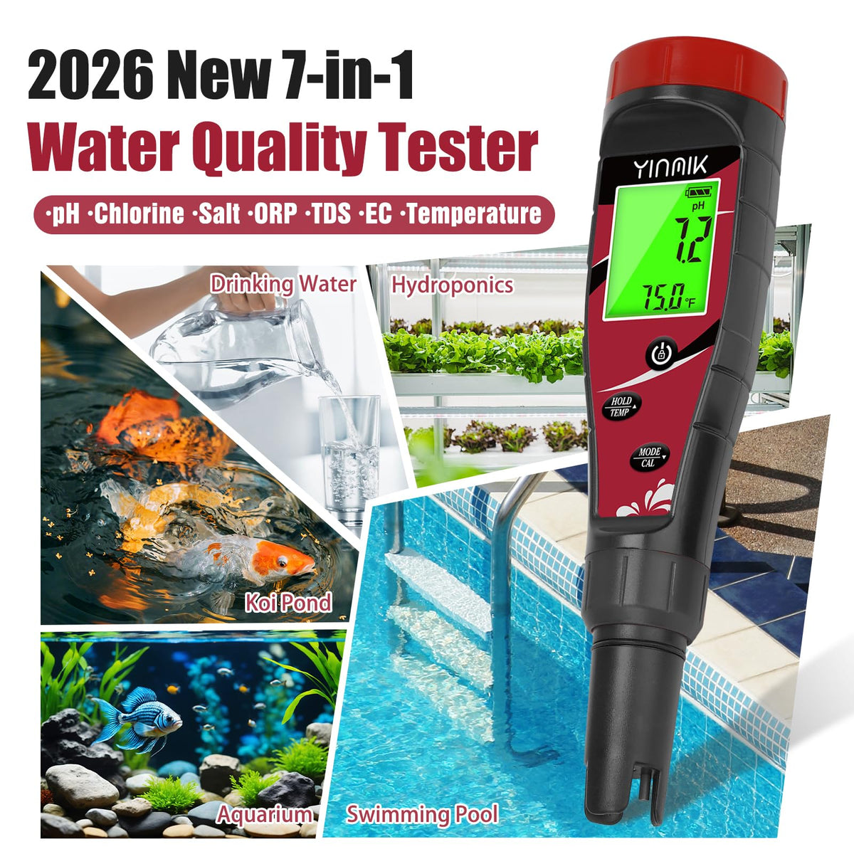 Pool Chlorine pH Meter Digital Salt pH Tester for Salt Water Pool (Red Water Tester)