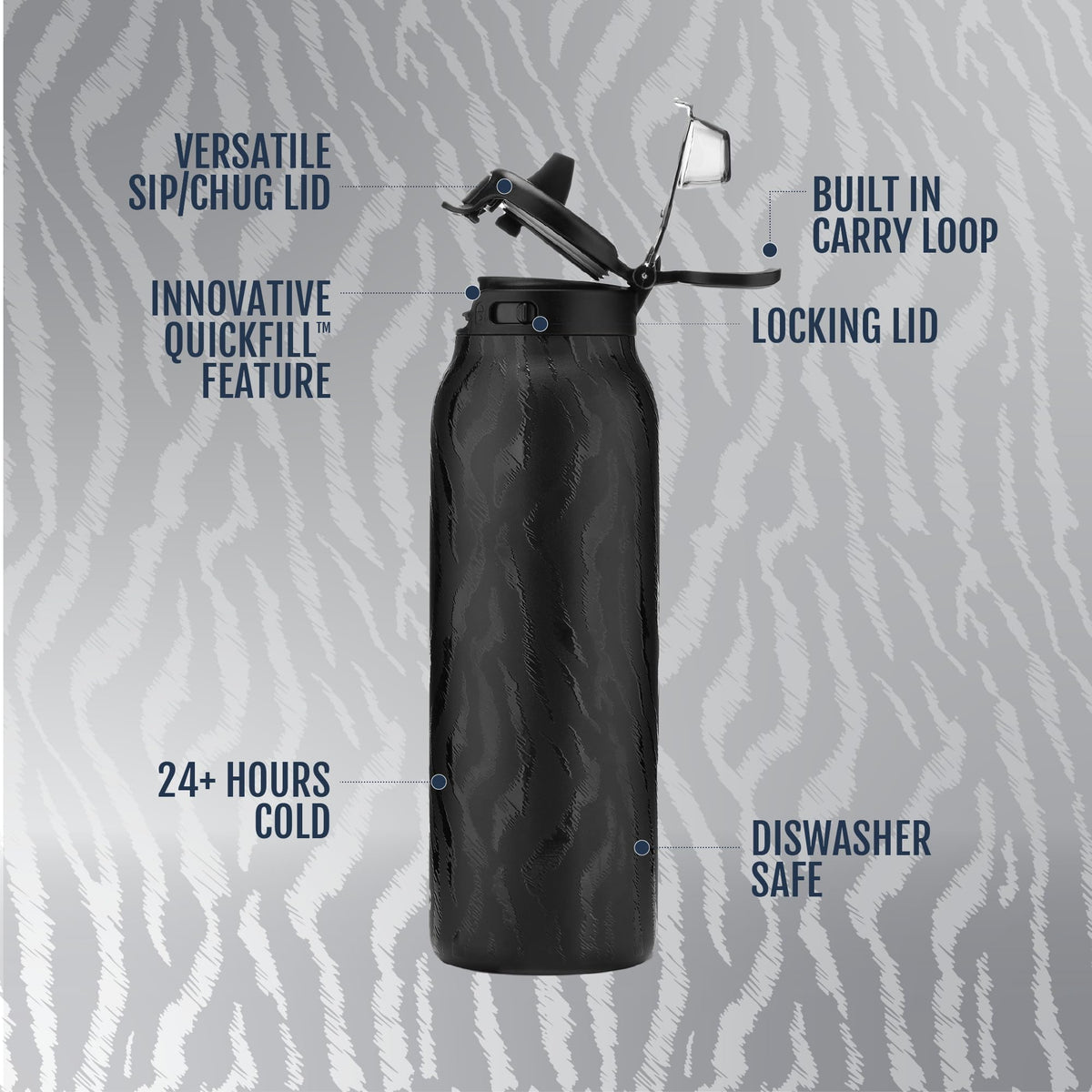 Pop & Fill 32oz Stainless Steel Water Bottle with QuickFill Technology (32oz / Zebra)