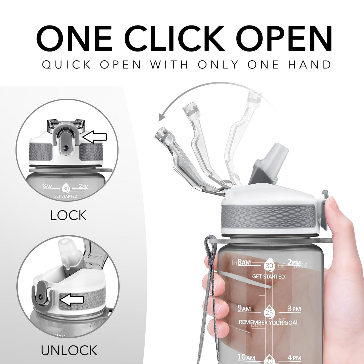 Plastic Water Bottle With Straw & Time Marker (Clear Black)