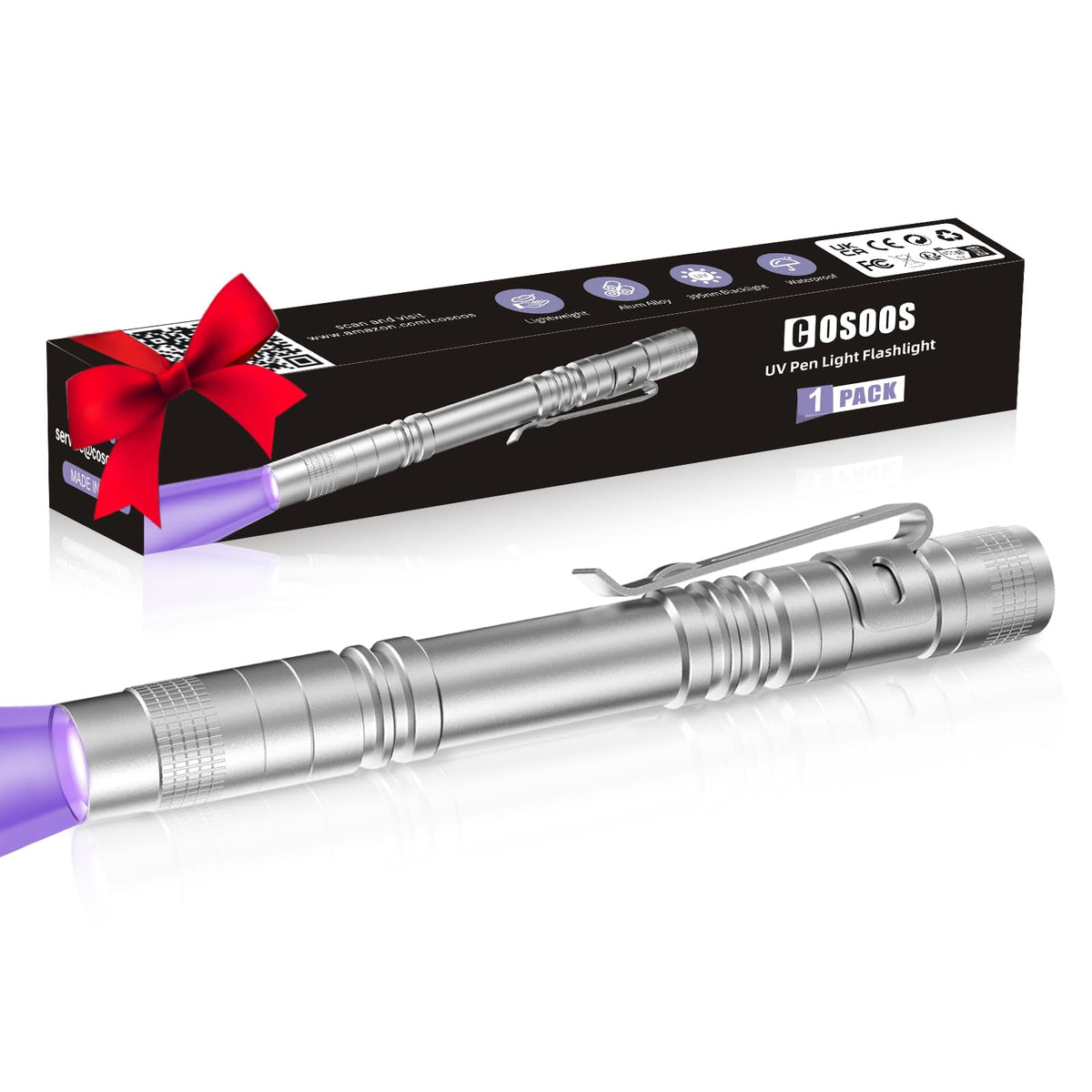 UV Flashlight Black Light (Silver / 1 Pack)