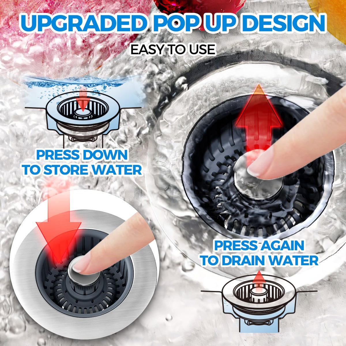 3 in 1 Kitchen Sink Drain Strainer Stopper Removable Basket Pop (Silver Silver)
