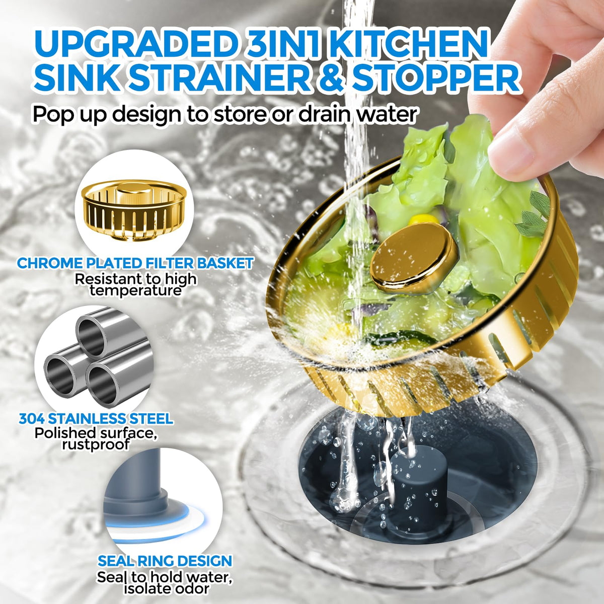 3 in 1 Kitchen Sink Drain Strainer Stopper Removable Basket Pop (Gold)