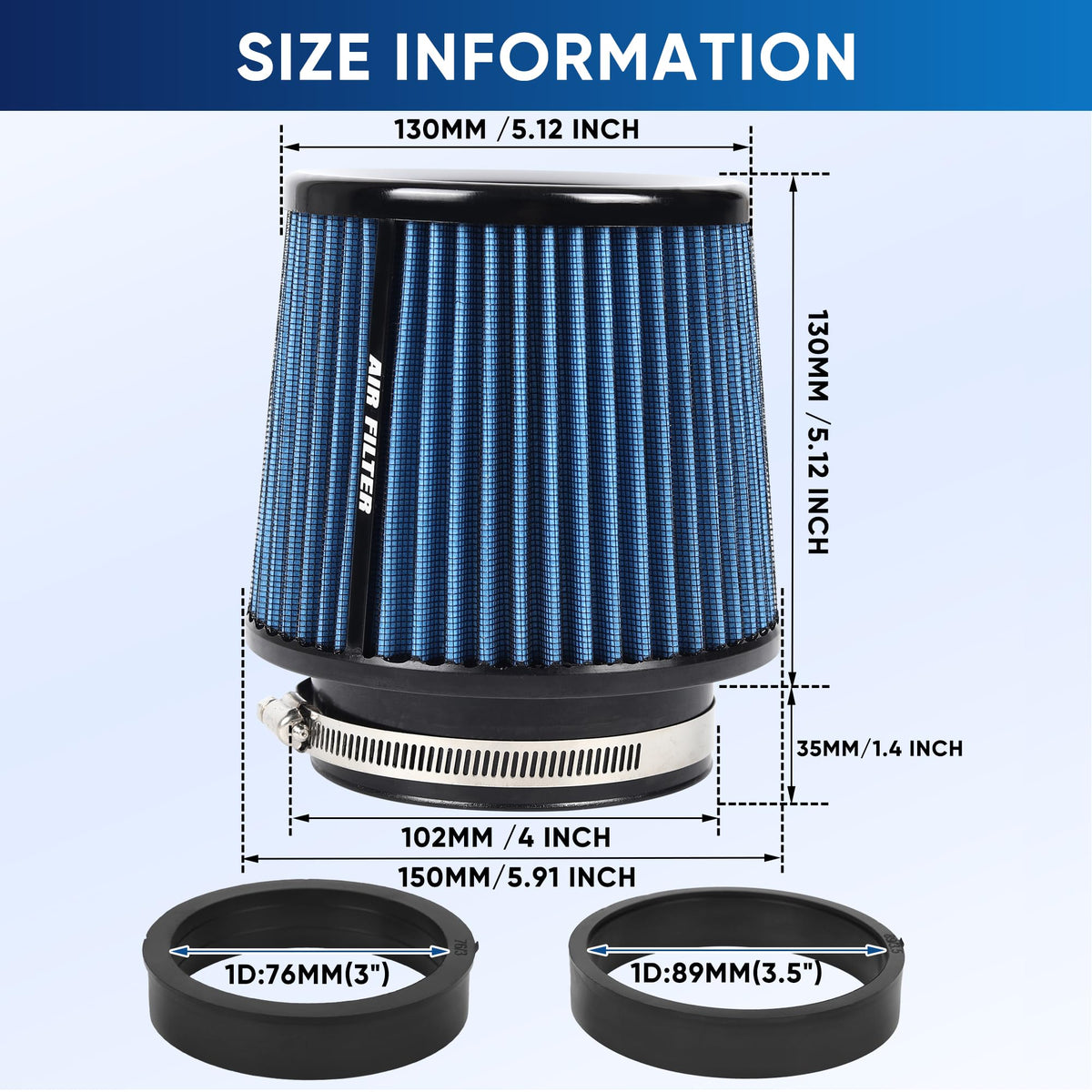 3 3.5 4 Inches Cold Air Intake Filter 76mm 89mm 101mm High Performance Washable Clamp (Blue)