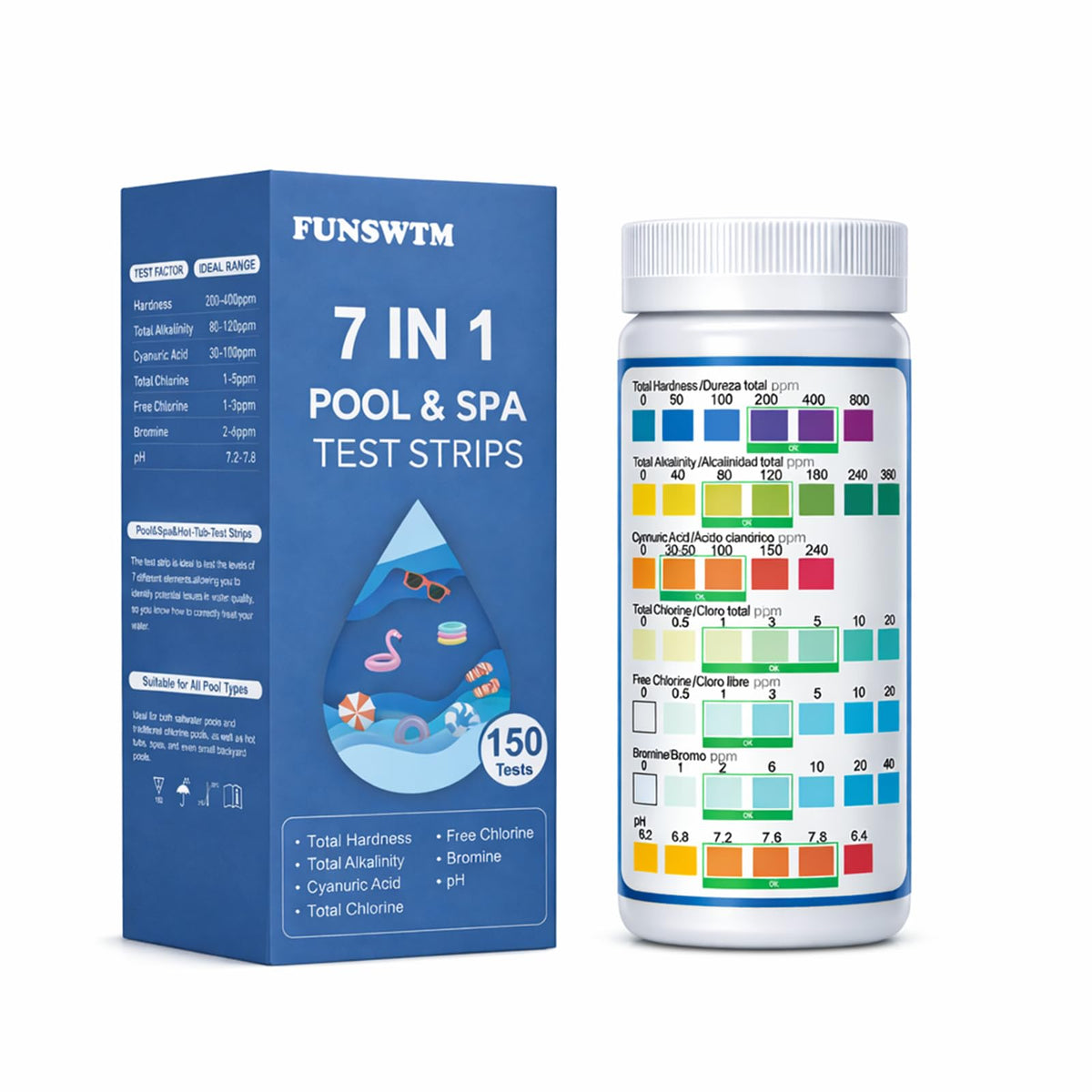7 in 1 Pool Test Kit 150 Strips Pool Spa Test Strips for Swimming Pool