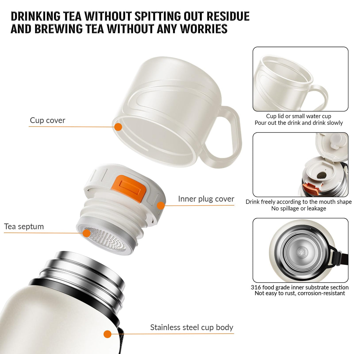 Double wall vacuum Leakproof stainless steel wide mouth insulated water bottle;tea tumbler with infuser (White-420ml)