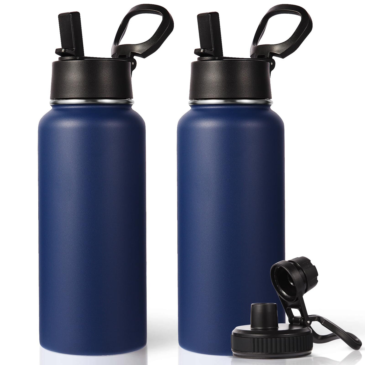 32 oz Insulated Water Bottles with 2 Lids (Navy)
