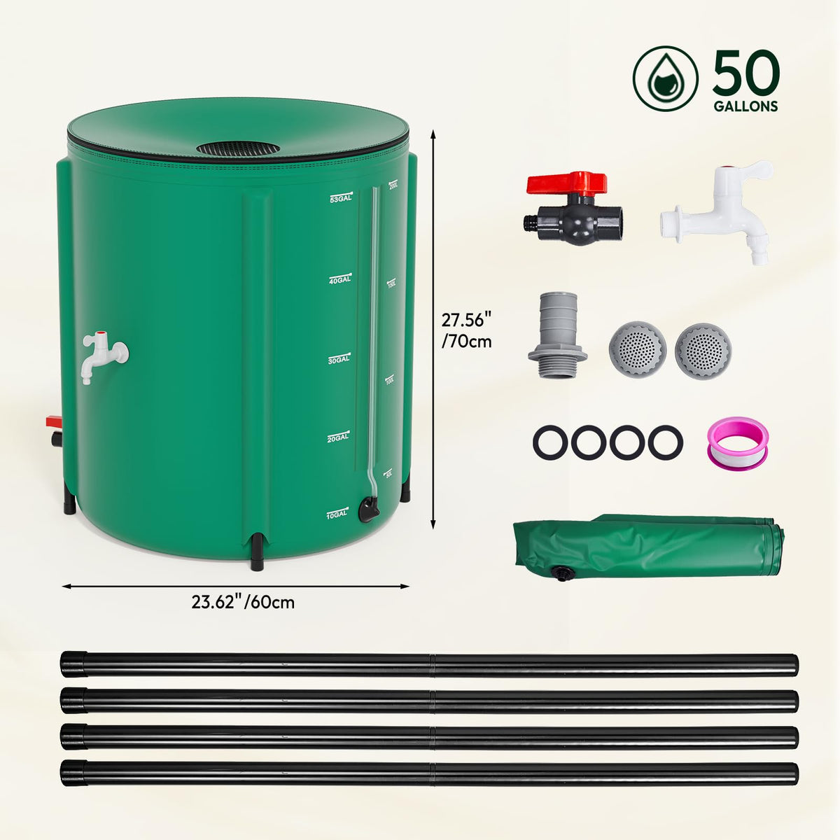 Collapsible Rain Barrel Portable Rain Water Collection (Green / 50 Gal w/ Scale Line)