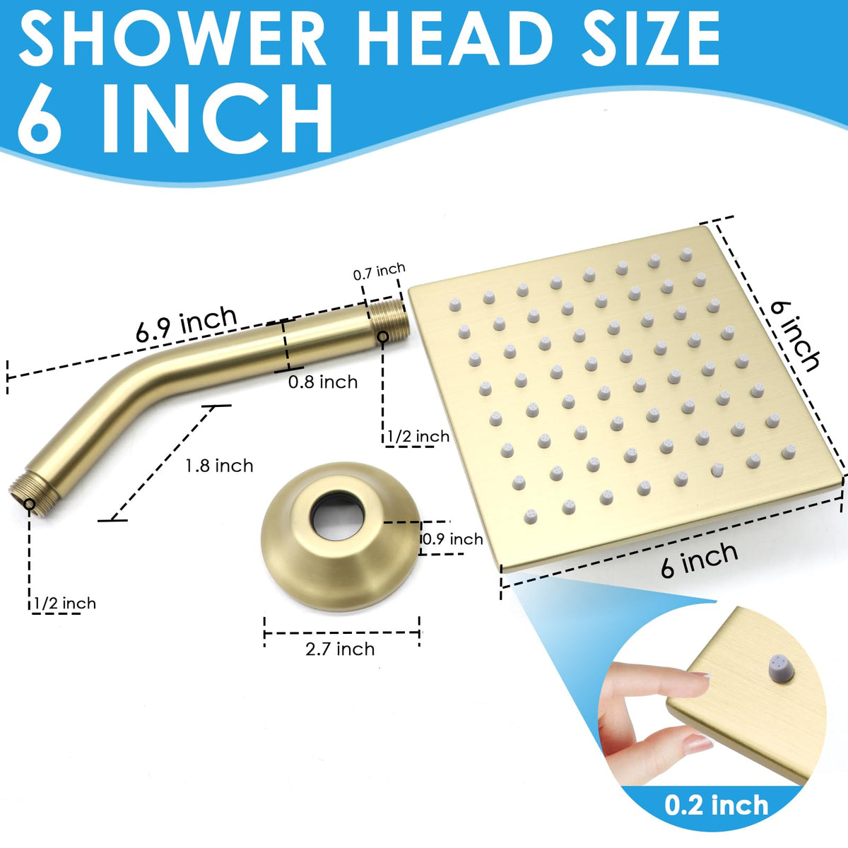 6 Inch Square Shower Head Stainless Steel High Pressure Rain Shower Heads with Extension Arm Adjustable Angle Replacement Luxury Shower Head for Modern Bathroom (Brushed Gold)