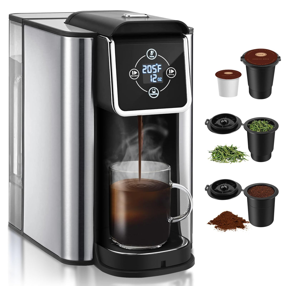 3-in-1 Single Serve Coffee Maker, K-Cup Pods, Temp Display, Black (Light Black)