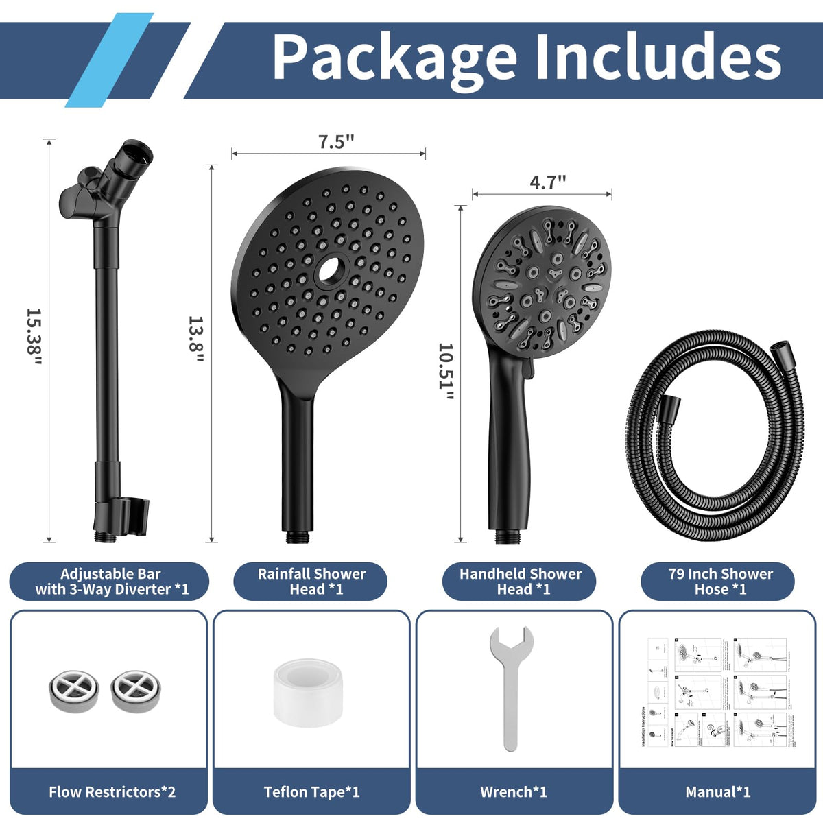 High Pressure Dual Shower Head with Handheld Spray Combo (Matte Black)