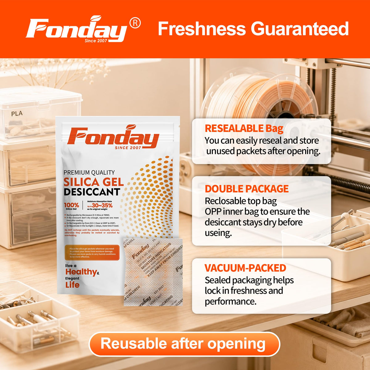 20Gram 100Packets Fonday Moisture Indicating Silica Gel Desiccant Packs (20Gram)