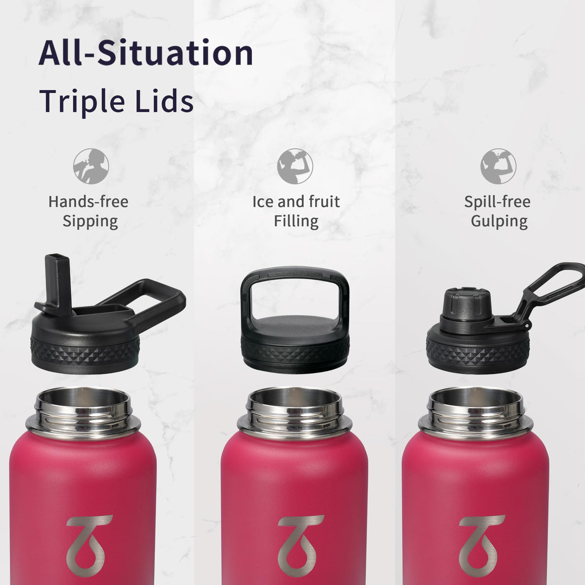Insulated Water Bottle 32 oz with 3 Lids (Ruby Red / 31.99 Ounces)