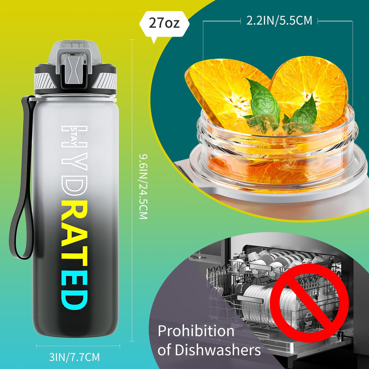 Water Bottle with Straw (Gray Gradient / 27 Ounces)