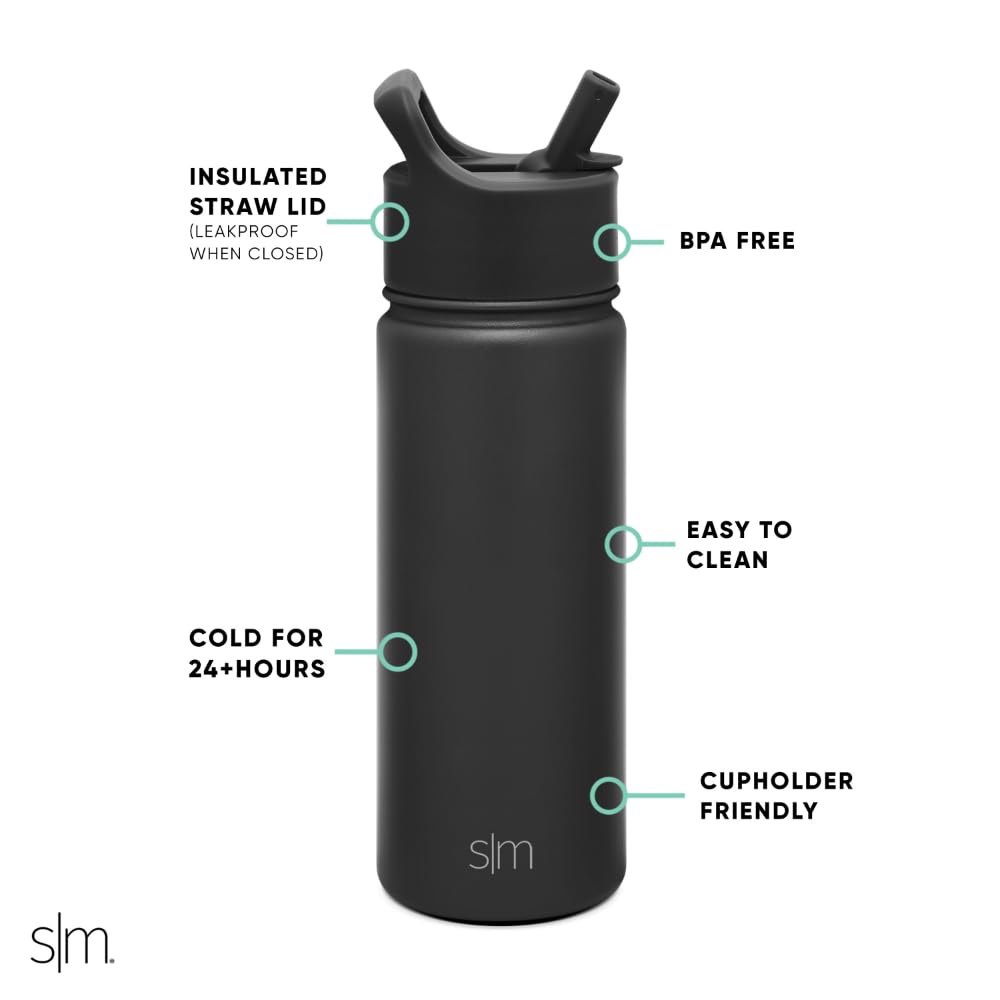 Insulated Water Bottle with Straw (18oz / Midnight Black (Pack of 1))