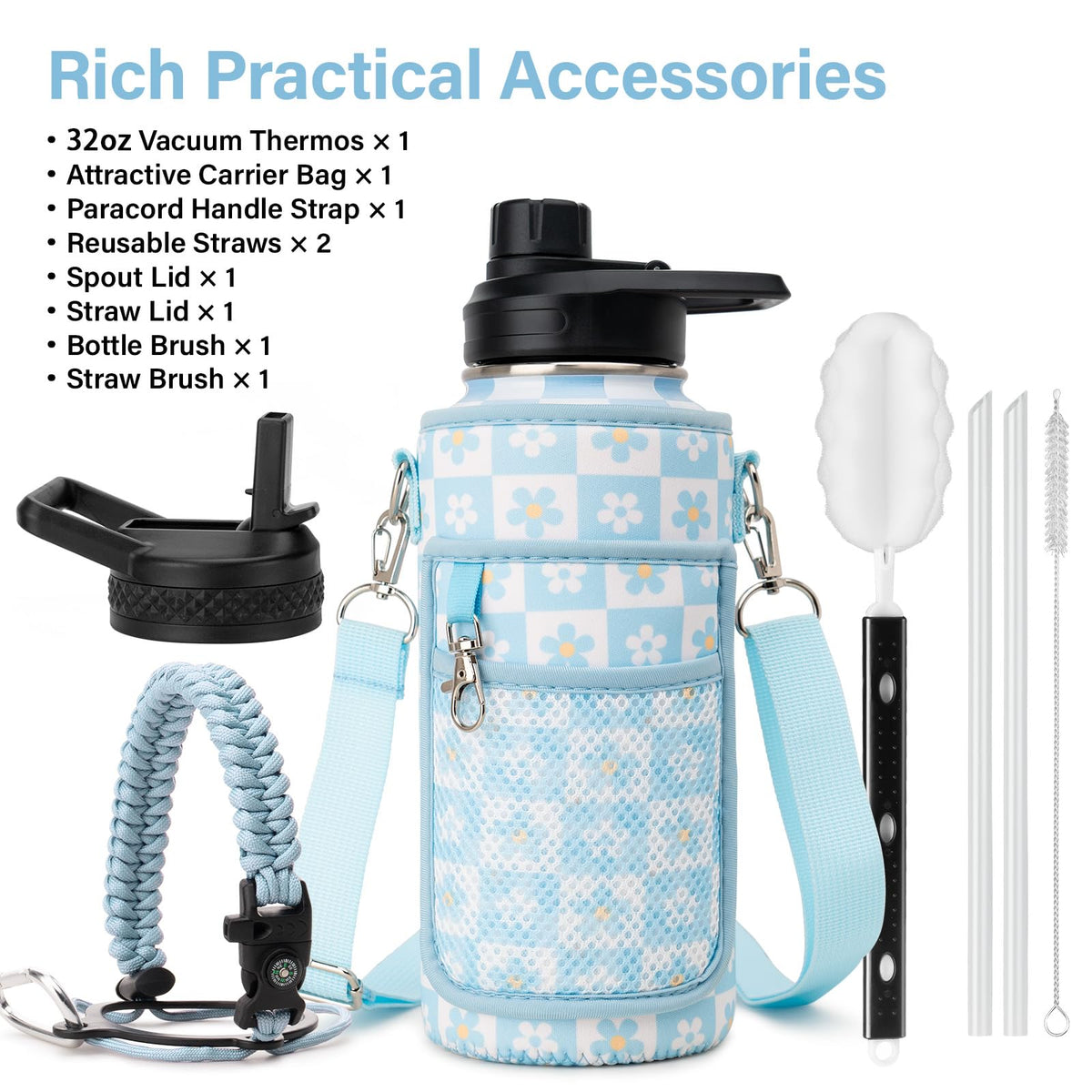 Water Bottle Gift (Blue Flower / 32 Ounces)