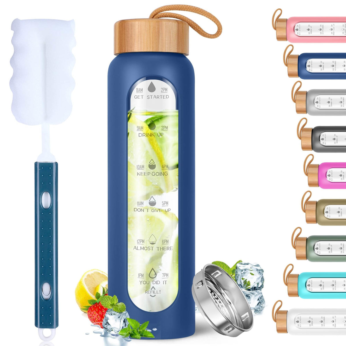 Glass Water Bottles 25 Oz with Silicone Sleeve (25 Ounces / Navy Blue)