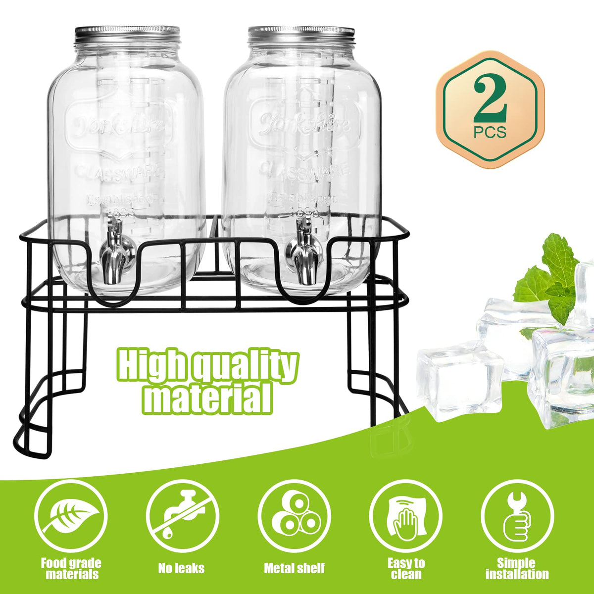 1 Gallon Glass Drink Dispensers For Parties 2PACK.Beverage Dispenser (1 Gallon Double With Stand)