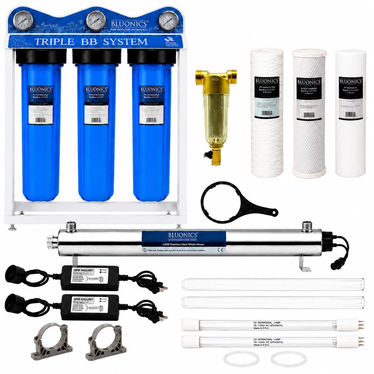 110W Whole House Water Filter System (Premium Triple with UV + Extras)