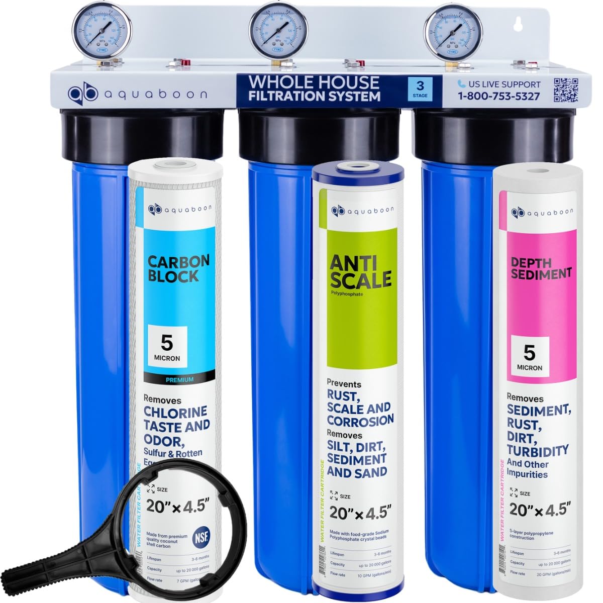 3 Stage Whole House Water Filter System with 5 Micron 20x4.5 Anti (Anti-Scale)
