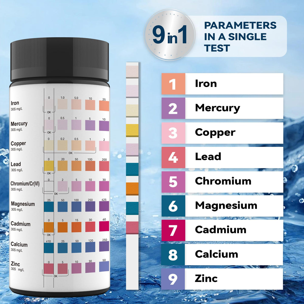 9 Way Heavy Metals Water Test Strips