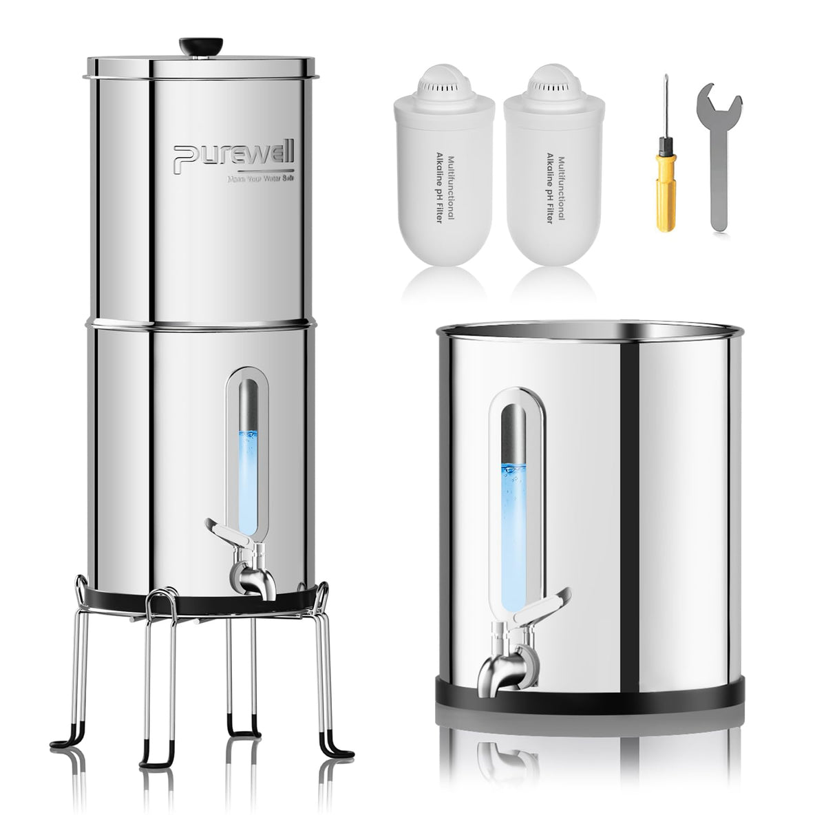 Upgraded 9 Stage Gravity Water Filter System with Water Level Window (Silver / Large)