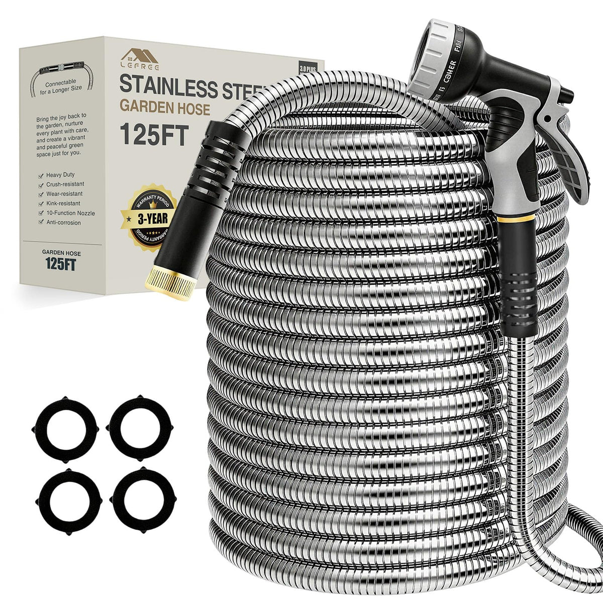 125ft Stainless Steel Garden Hose (Gray / 125FT)
