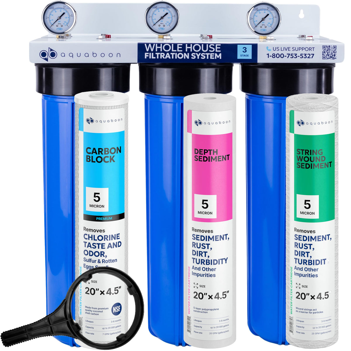 3 Stage Whole House Water Filter System Against Chlorine & Sediment with 20x4.5 Water Filters Cartridges (Chlorine, Taste & Sediment Protection)