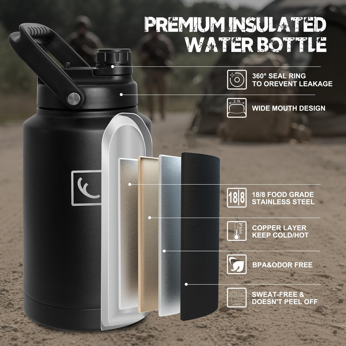 128oz 1 Gallon Tactical Water Bottle with MOLLE Bottle Pouch (Black / 128 Ounces)