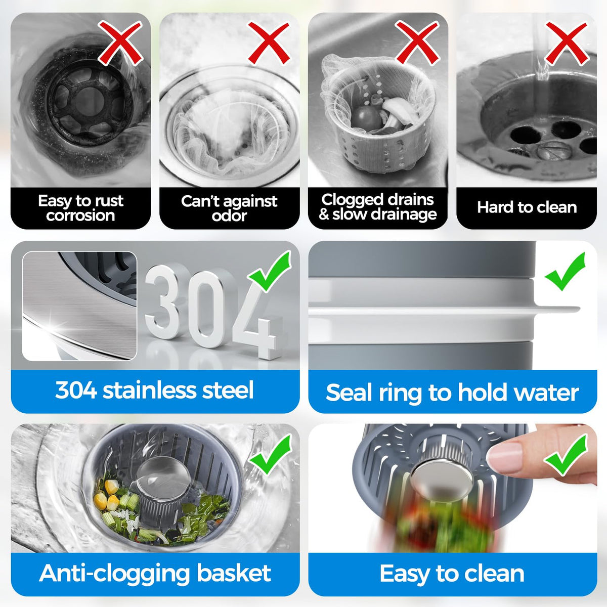 3 in 1 Kitchen Sink Drain Strainer Stopper Removable Basket Pop (Silver Silver)