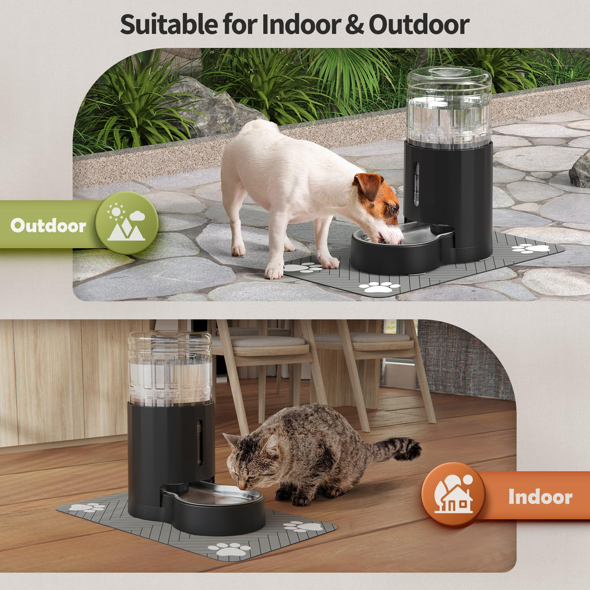 Cat Water Dispenser with Placemat & Stainless Steel Bowl (Black / 4L + Mat)
