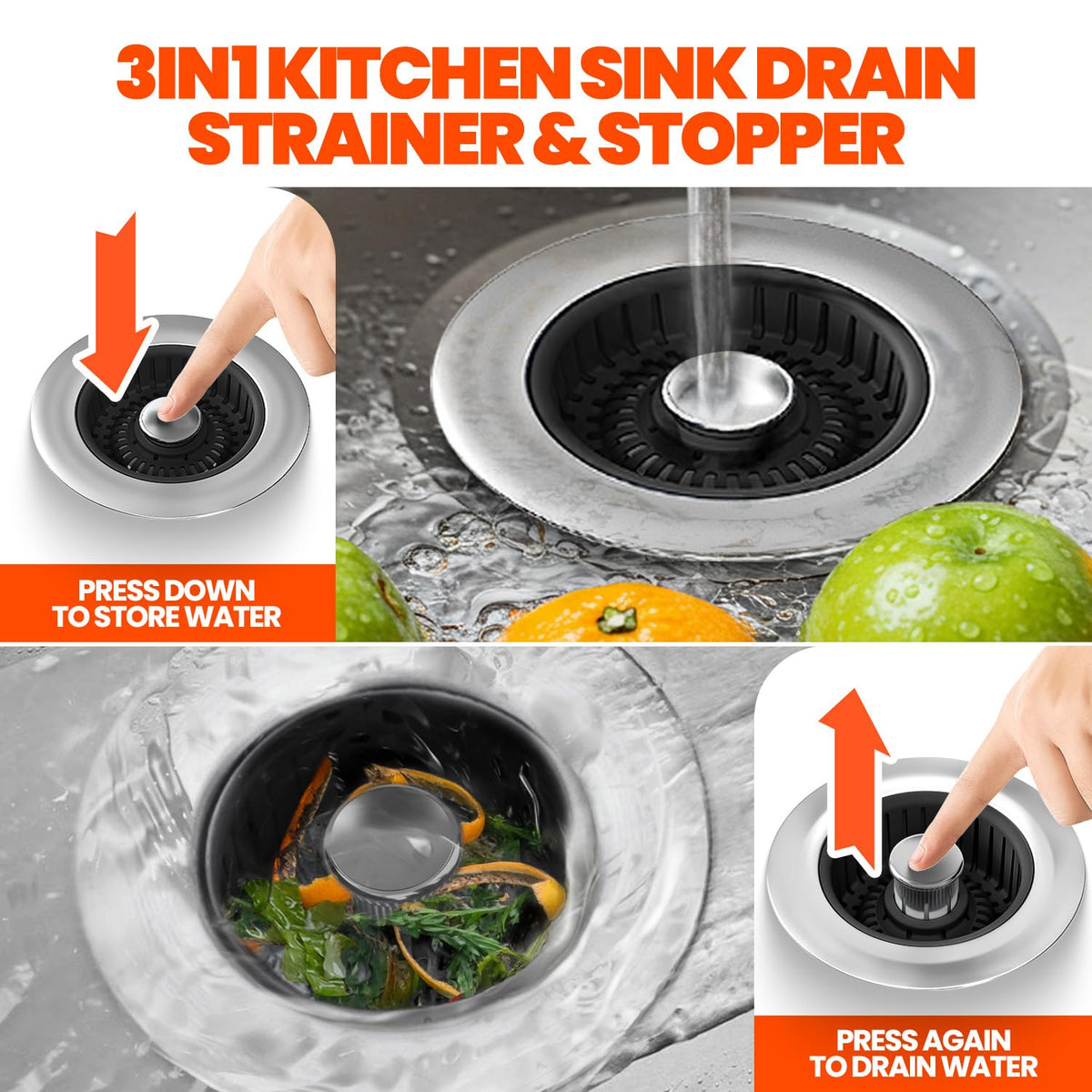 3 in 1 Kitchen Sink Drain Strainer Stopper Basket Pop Up Black