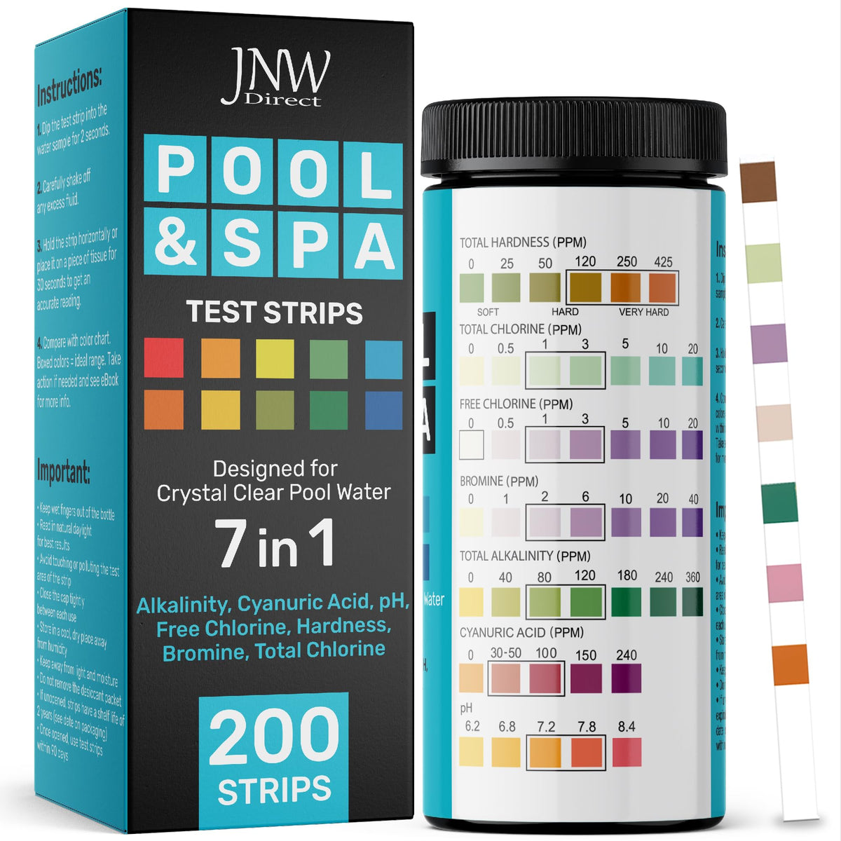 Pool Test Strips for Pools and Spas (200 STRIPS - 7 IN 1 POOL TEST STRIPS)