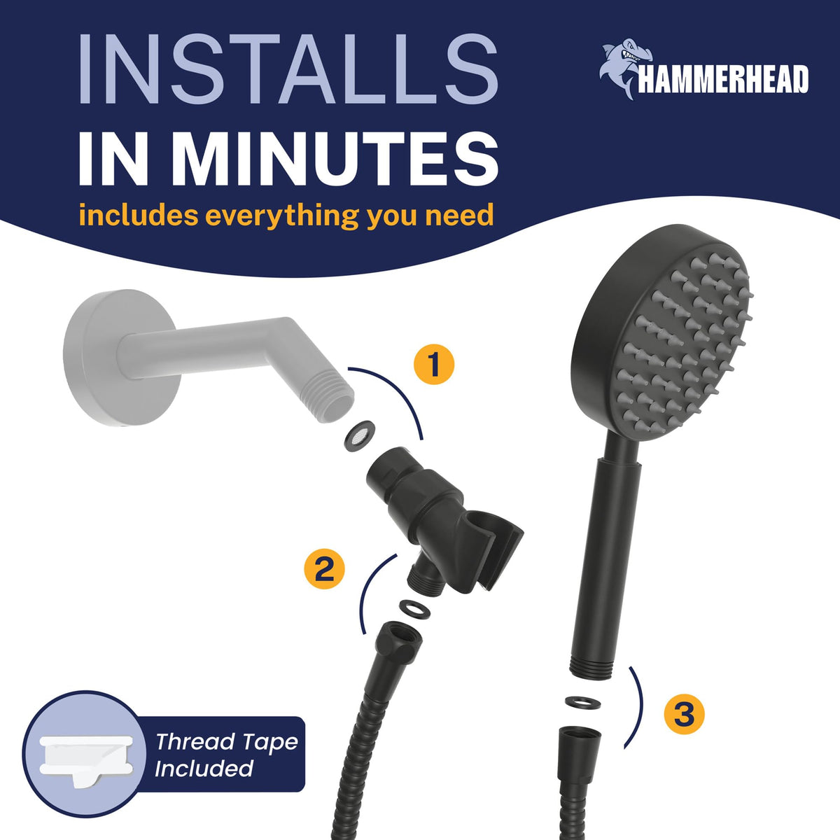 HammerHead Metal Handheld Shower Head High Pressure (Matte Black / 1.75 GPM California)