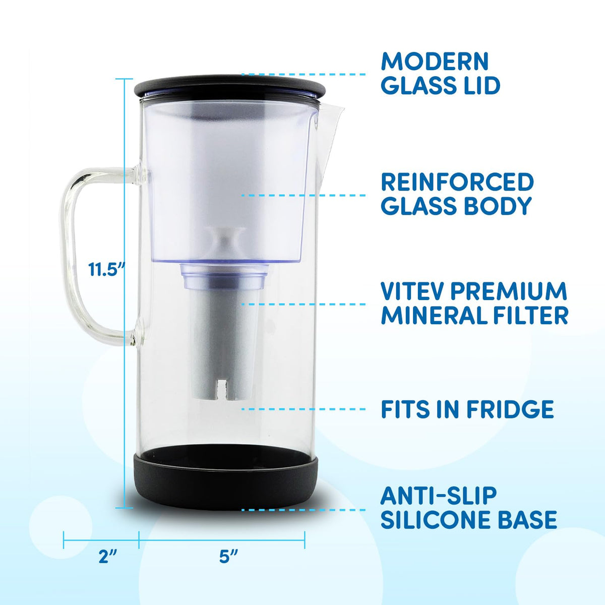 Glass Pitcher with Mineral Rich pH Balancing Filter (Black)