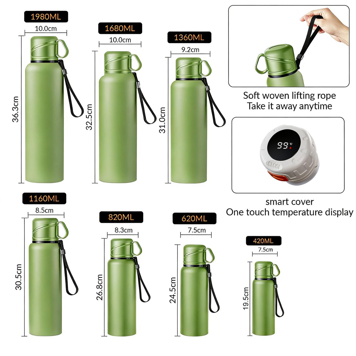Double wall vacuum Leakproof stainless steel wide mouth insulated water bottle;tea tumbler with infuser (Green-1360ml)