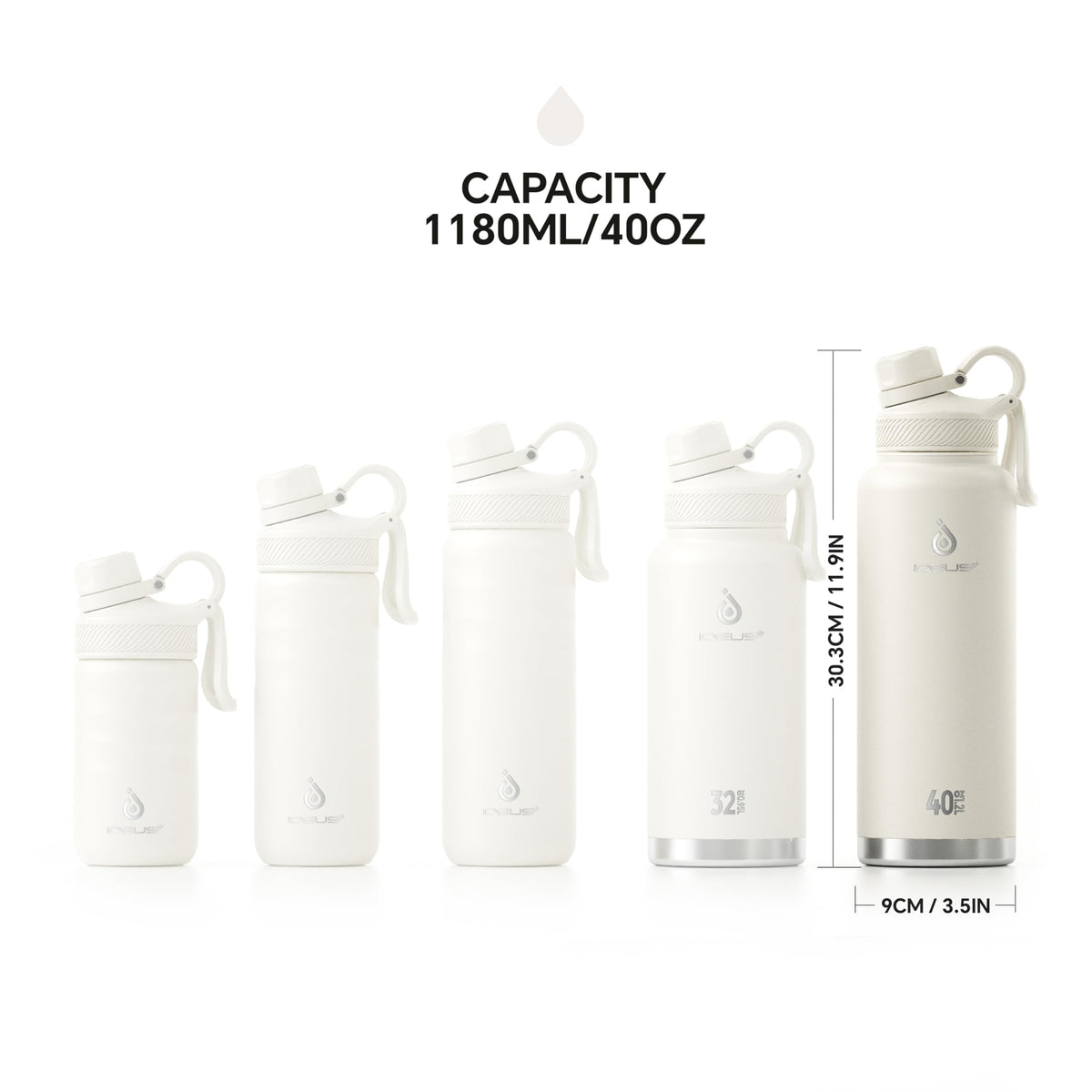 40 oz Insulated Water Bottle with 2 Leak (White / 40 Ounces)