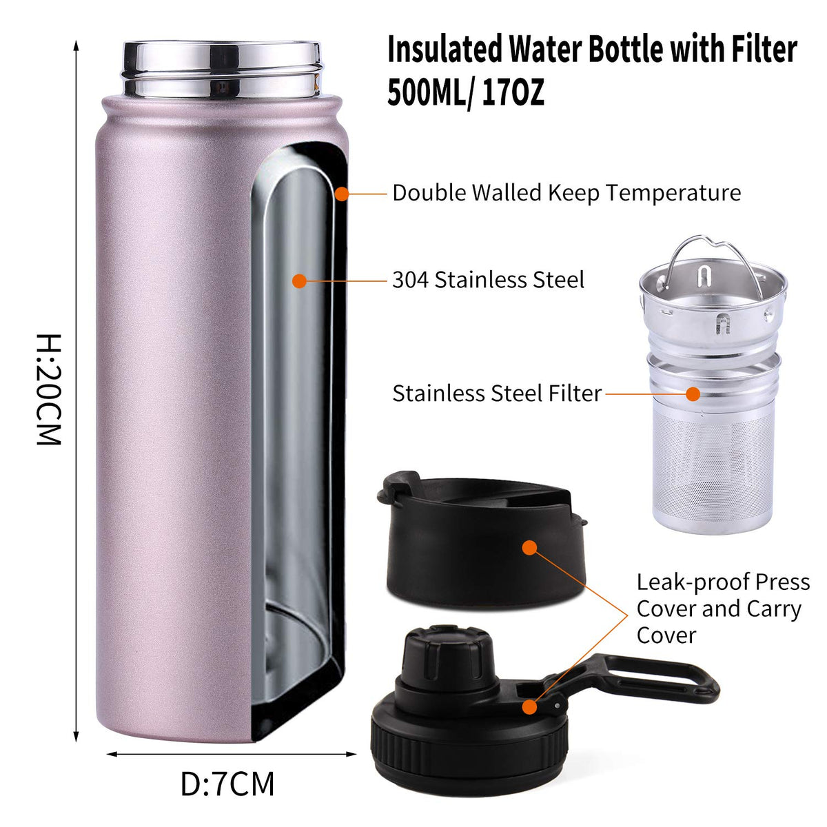 Infuser Travel Mug with Removable loose leaf Tea Strainer Tea Filter Water Bottle 18 (Rosegold / 18 Ounces)